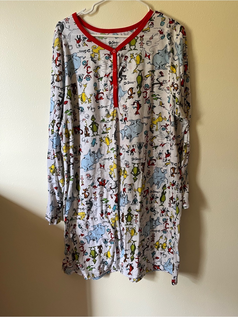 Dr. Seuss White Nightgown with Red Trim and Multicolor Character Print